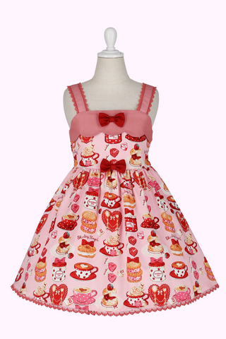 シャーリーカフェプリントジャンパースカート・120・ピンク・美品 シャーリーカフェプリントジャンパースカート・120・ピンク・美品